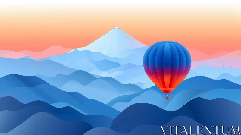 AI ART Hot Air Balloon Flying Over Mountain Range - Digital Painting