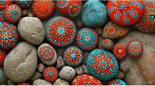 Intricate Geometric and Floral Motifs on Painted Rocks - Close-Up