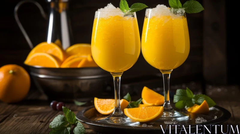 Refreshing Orange Juice with Mint on Wooden Table