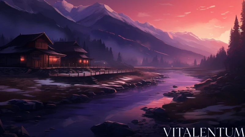 Snow-Covered Mountain Valley Sunset Landscape AI Image