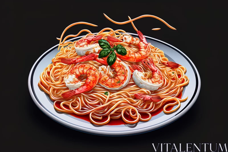 Spaghetti and Shrimp Plate: Hyperrealistic Illustration AI Image
