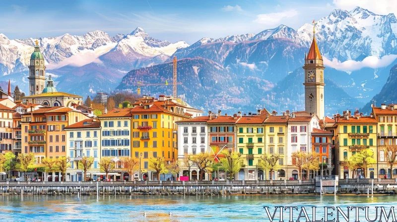Switzerland Lakeside Town: Majestic Mountain Views AI Image