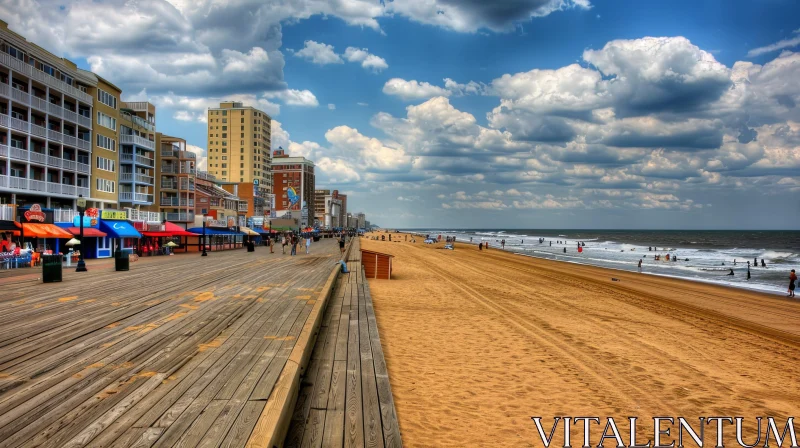 Tranquil Beach Scene with Boardwalk and Sunbathers AI Image