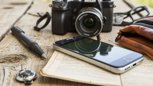 Vintage Camera Composition on Wooden Table