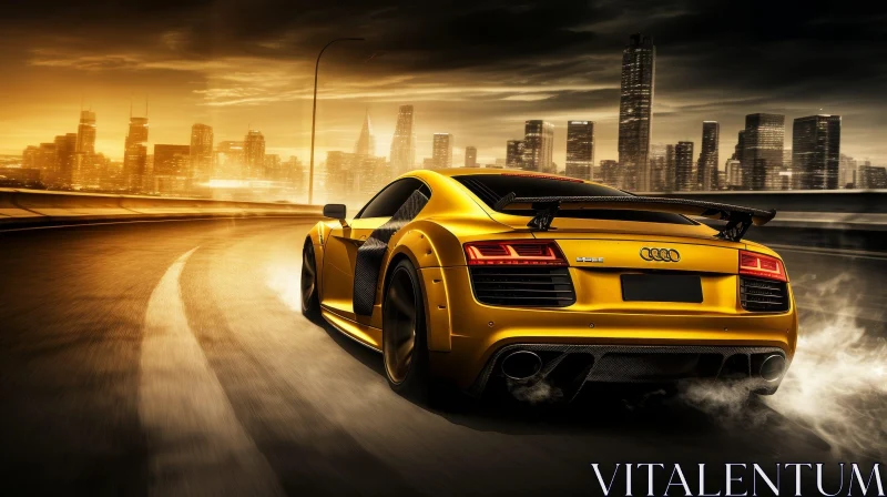 AI ART Yellow Audi R8 V10 Plus Sports Car Speeding in Cityscape