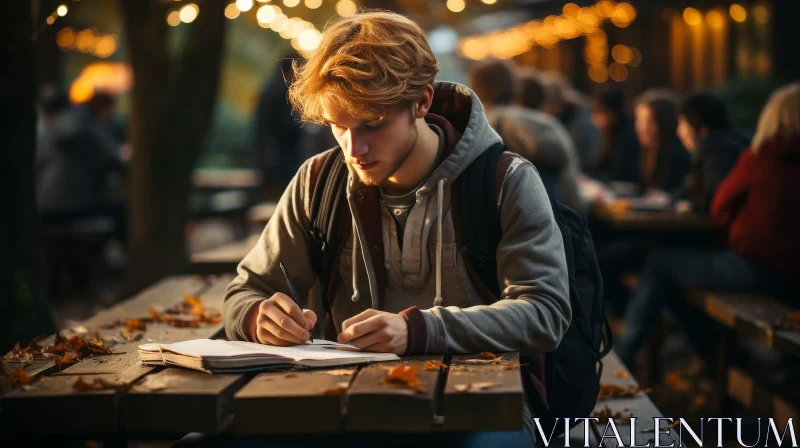 Young Man Writing in Park - Serene Moment Captured AI Image