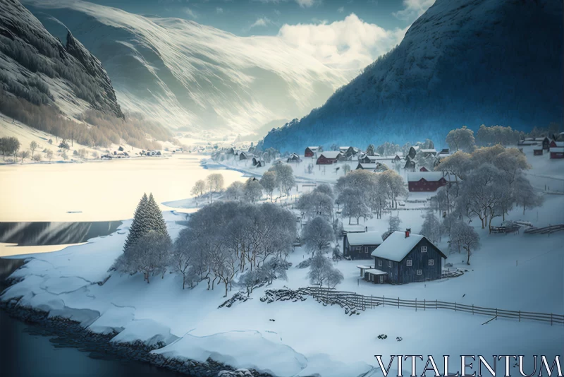 Captivating Winter Scene: Snow-Covered Hills and Tranquil Riverscapes AI Image