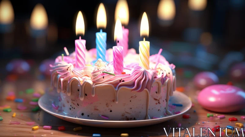 Colorful Birthday Cake with Candles on Wooden Table AI Image