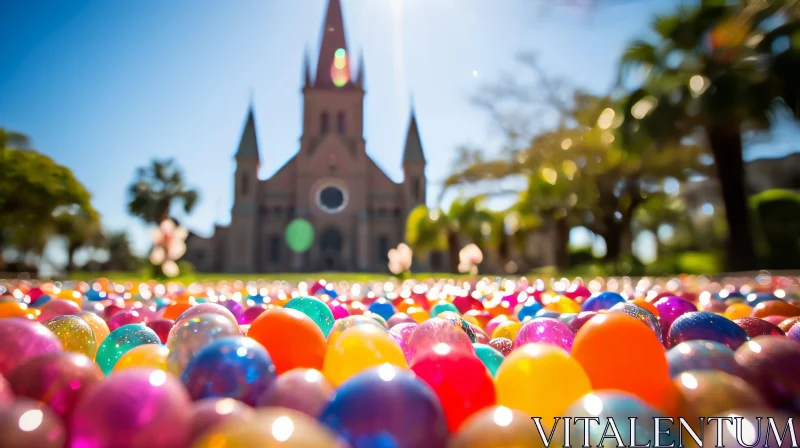 Colorful Easter Eggs in Carnival Atmosphere near Antique Church AI Image