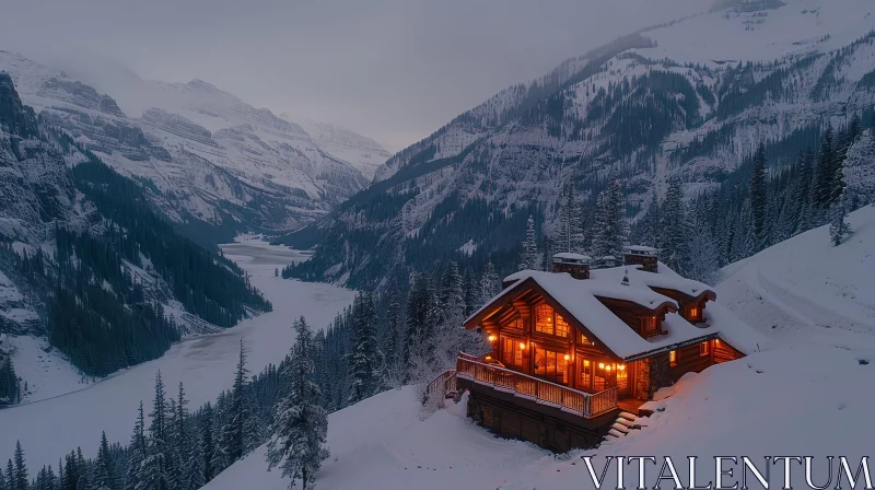 Cozy Cabin in the Mountains with Snowy View AI Image