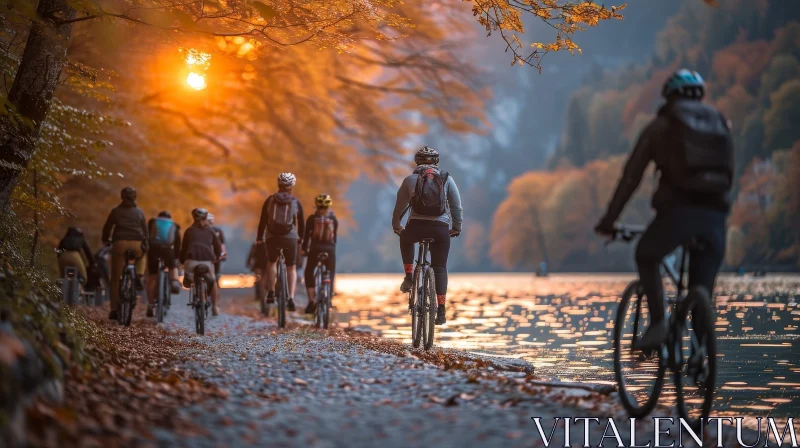 AI ART Cycling in Autumn: Lakeside Path Sunset Scene