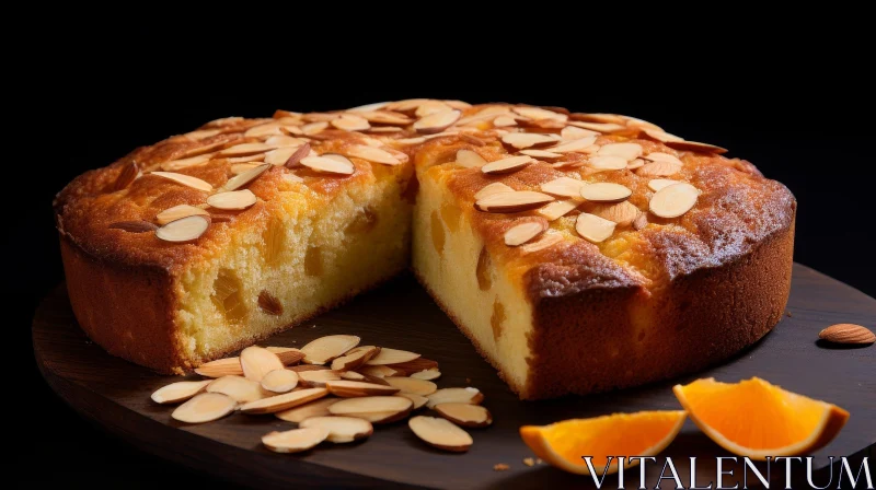 Delicious Almond Cake on Wooden Board AI Image