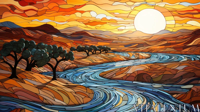 AI ART Desert Landscape Mosaic with River and Canyon