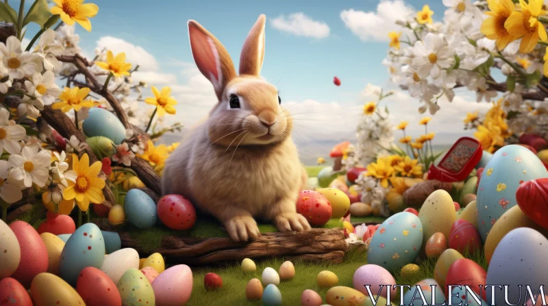Easter Bunny Among Eggs and Flowers - A Whimsical Realism Illustration AI Image