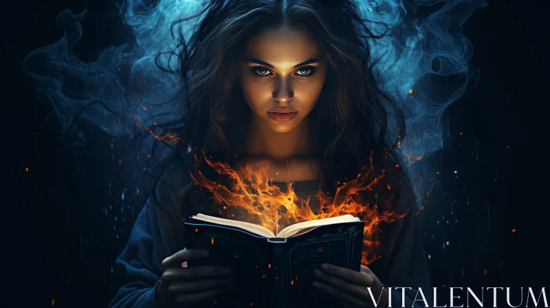Enigmatic Woman with Burning Book AI Image
