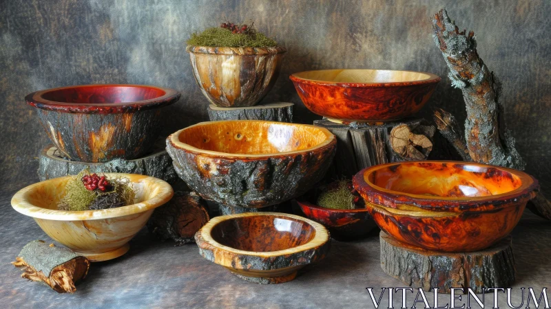Exquisite Wooden Bowl Collection - Artistic Composition AI Image