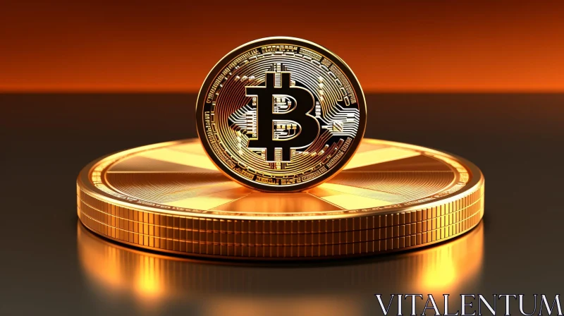 AI ART Gold Bitcoin Coin 3D Rendering on Pedestal