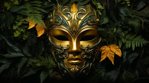 Intricate Golden Mask and Leaves Artwork