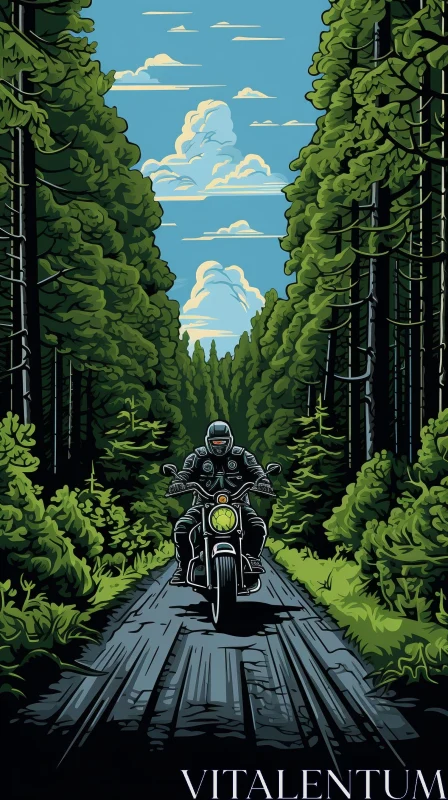 AI ART Motorcyclist Riding Through Forest on Road