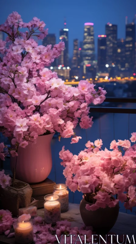 AI ART Night Cityscape Illuminated by Blooming Sakura Trees