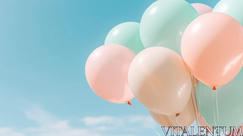Pastel-Colored Balloons Floating in Blue Sky AI Image