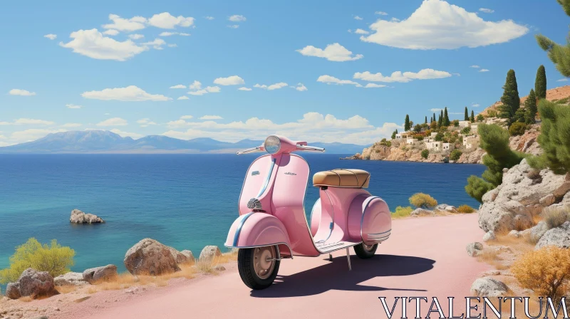 Pink Vintage Scooter on Coastal Road - Nostalgic Scene AI Image