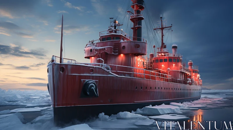 Red Ship Breaking Through Ice in Icy Waters AI Image