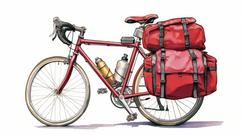 Red Touring Bicycle with Panniers for Camping Adventure