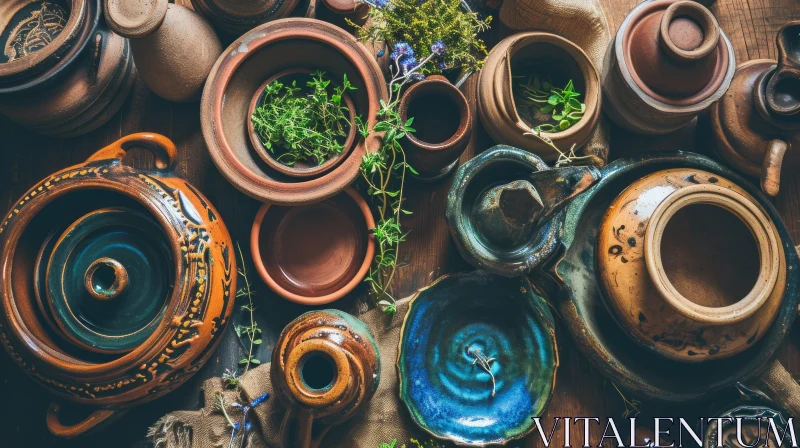 Rustic Charm: Old Ceramic Pots and Bowls on Wooden Table AI Image