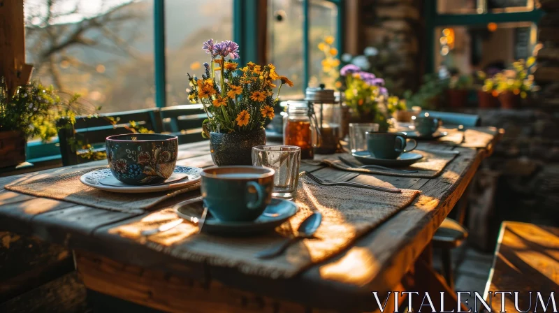 Rustic Still Life: Breakfast Table with Flowers and Forest View AI Image