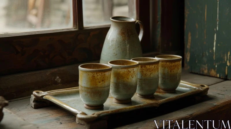 Rustic Still Life with Ceramic Jug and Cups on Wooden Window Sill AI Image