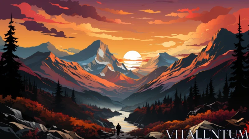Serene Sunset Landscape Painting with Mountain Valley AI Image