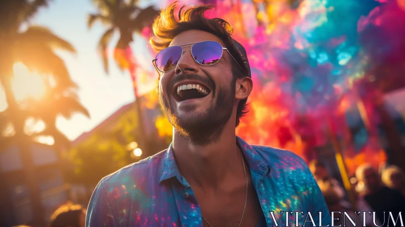 Smiling Man Portrait with Sunglasses and Palm Trees Background AI Image