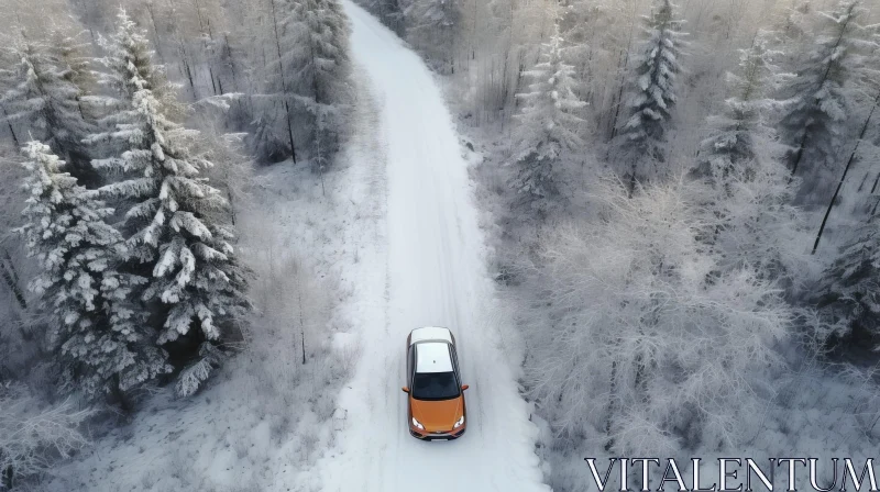 Snowy Forest Drive: Aerial View of Car on Winter Road AI Image