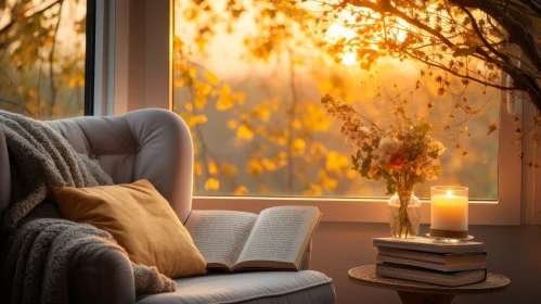 Tranquil Living Room with Fall Landscape View