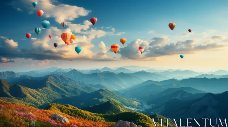 Tranquil Mountain Valley Landscape with River and Hot Air Balloons AI Image