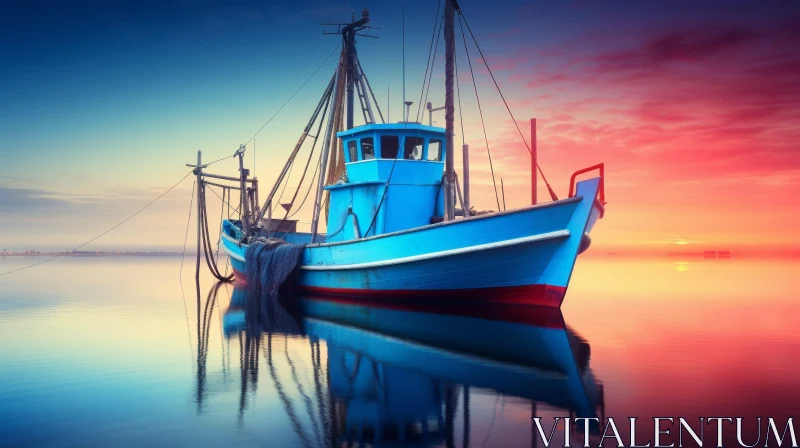 Tranquil Sunset: Fishing Boat in Calm Sea AI Image