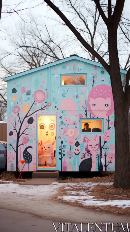 Whimsical Tiny House with Wildlife Murals and Pastel Hues AI Image