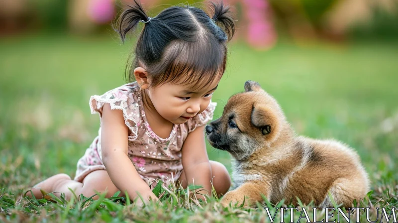 Adorable Toddler Girl with Puppy on Grass AI Image