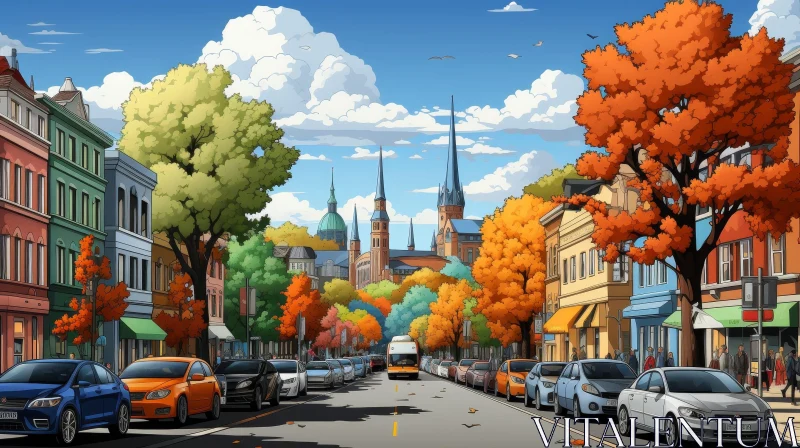 Autumn Streetscape: Small Town Beauty in Nature AI Image