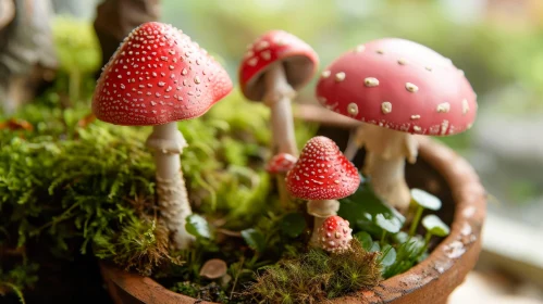 Beautiful Red Mushrooms with White Spots in a Green Mossy Pot