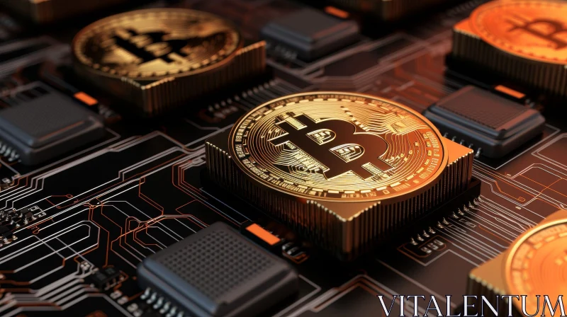 Bitcoin Circuit Board 3D Rendering | Gold Symbols on Black Background AI Image
