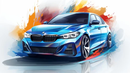 Blue BMW Car in Motion on Colorful Abstract Background
