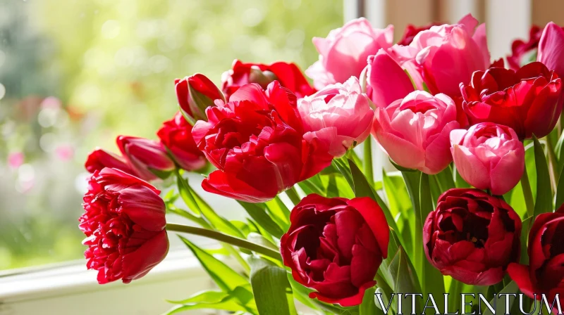 Close-Up of Vibrant Red and Pink Tulips in a Bouquet AI Image