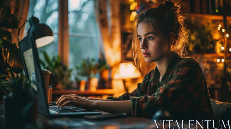 Cozy Interior: Young Woman Working at Desk with Laptop AI Image