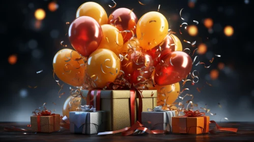 Festive 3D Rendering with Red and Gold Balloons