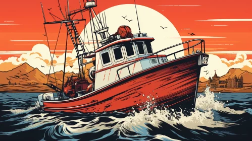 Fishing Boat at Sea - Sunset Digital Illustration