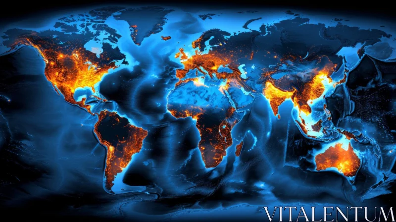 Futuristic World Map with Bright Orange Lights - Abstract Art AI Image