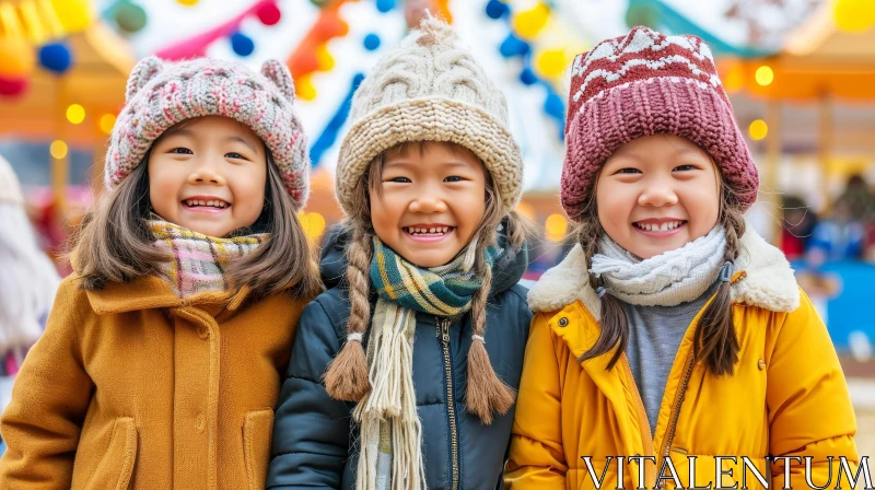 Happy Asian Girls in Colorful Winter Outfits | Bokeh Lights Background AI Image