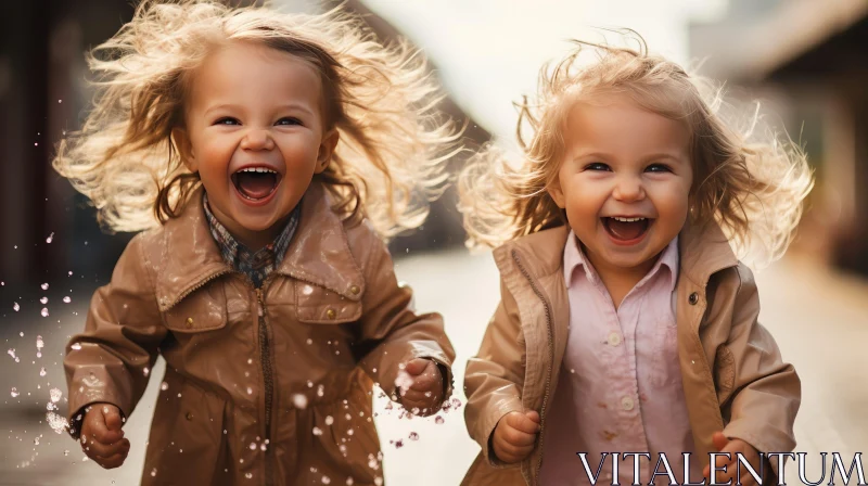Joyful Girls Running Through Puddle AI Image